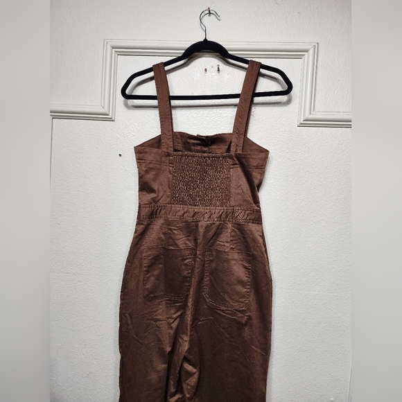 Lulus Practical Charm Brown Twill Button-Front Straight Leg Jumpsuit S Travel - Picture 8 of 10